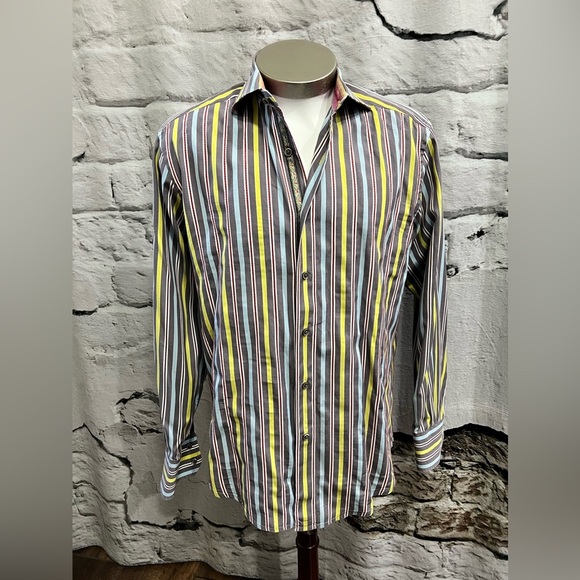 Robert Graham Colorful‎ Striped Dress Shirt Grey Yellow Blue Button Down Shirt - Picture 2 of 8